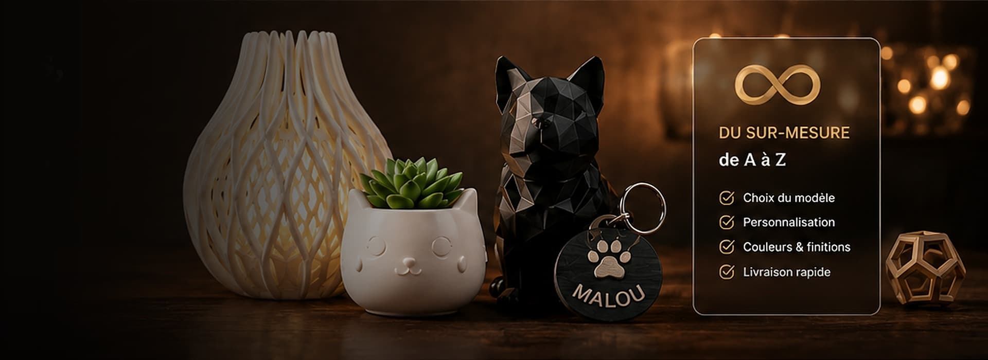 Créations imprimées en 3D : lampe, pot, figurine et porte-clés personnalisés