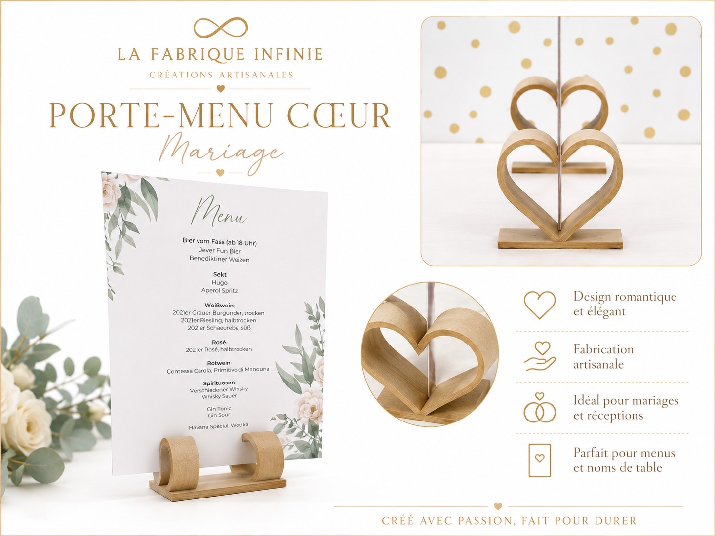 Porte-menu cœur mariage